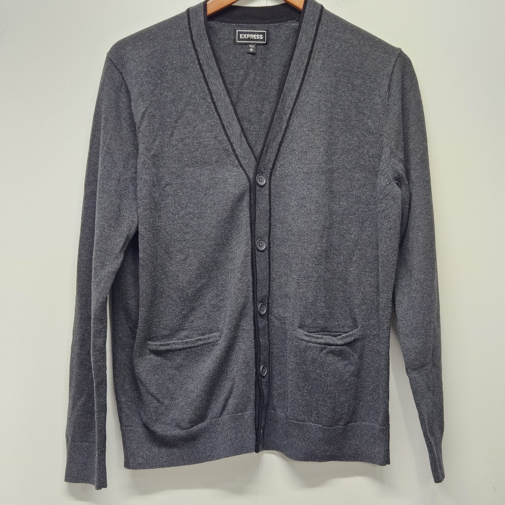 Express Button Front Cardigan Y2K Size M Gray Pockets Casual Professor Layering
